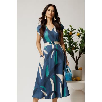 Rochie midi bleumarin in clos din tencel cu imprimeu albastru si curea in talie