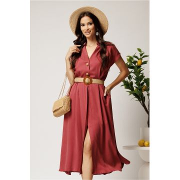 Rochie midi bordo din tencel in clos cu nasturi si curea impletita