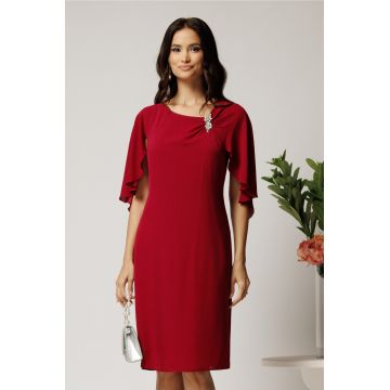 Rochie midi bordo din voal cu croi drept si accesoriu stralucitor la bust- Viada