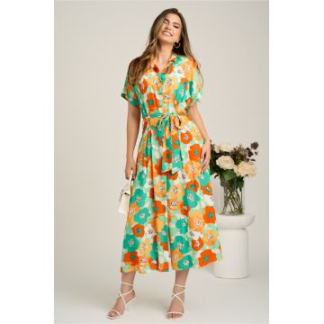 Rochie midi cu flori verde mint si orange din viscoza in clini cu nasturi si cordon in talie