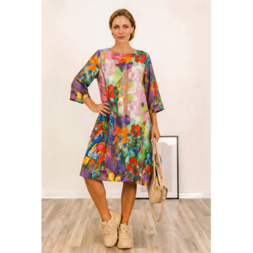 Rochie midi, dreapta, din vascoza fina, cu imprimeu pictural predominant mov