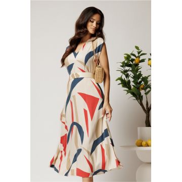 Rochie midi ivory in clos din tencel cu imprimeu rosu si curea in talie