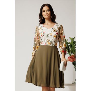 Rochie midi kaki cu fusta in clos din voal si dantela florala la bust