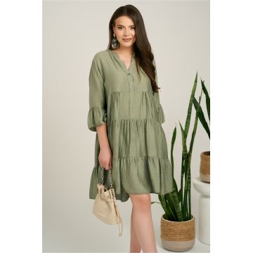 Rochie midi kaki din tencel creponat cu croi tip A si nasturi la bust
