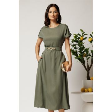Rochie midi kaki din tencel cu croi evazat si curea in talie