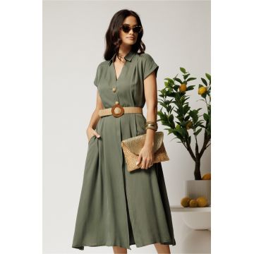 Rochie midi kaki din tencel in clos cu nasturi si curea impletita
