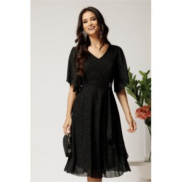 Rochie midi neagra din voal in clos cu glitter si accesoriu in talie- Viada