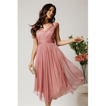 Rochie midi roz din matase naturala in clos cu baza asimetrica- Leonard Collection Rochie midi roz din matase naturala in clos cu baza asimetrica- Leonard Collection