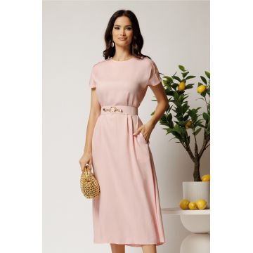 Rochie midi roz din tencel cu croi evazat si curea in talie