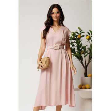 Rochie midi roz din tencel in clos cu cu pliuri si curea in talie