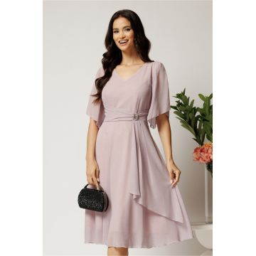 Rochie midi roz din voal in clos cu glitter si accesoriu in talie- Viada