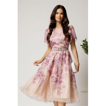 Rochie midi roz din voal in clos cu imprimeu floral si cordon in talie- Viada