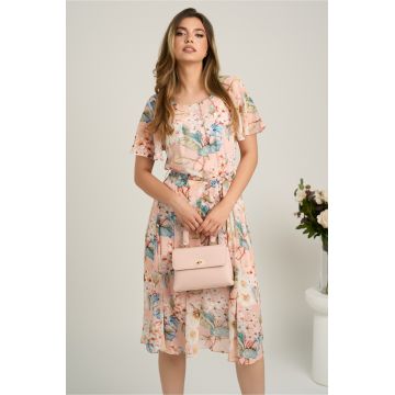 Rochie midi somon din voal cu imprimeuri floreale bleu si cordon in talie