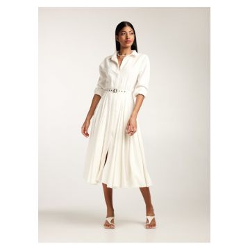 Rochie midi tip camasa cu maneci lungi si curea asortata Vera
