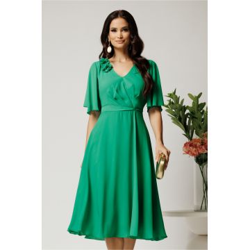 Rochie midi verde din voal in clos cu flori la decolteu- Viada Rochie midi verde din voal in clos cu flori la decolteu- Viada