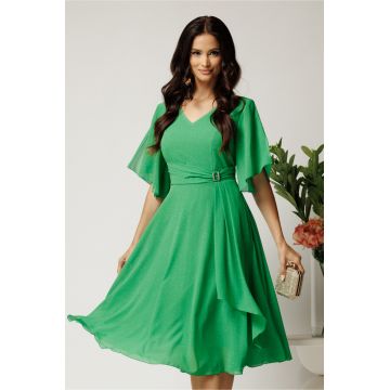 Rochie midi verde din voal in clos cu glitter si accesoriu in talie
