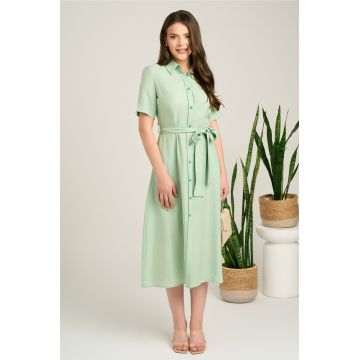 Rochie midi verde mint din viscoza in clos cu aspect sidefat si cordon in talie