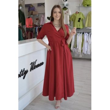 Rochie rosie bordo cu guler si cordon in talie