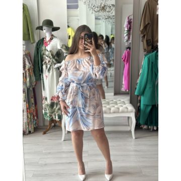 Rochie scurta cu imprimeu bleo si bej cu maneci bufante