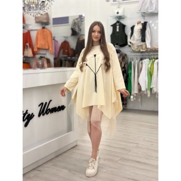 Rochie tunica crem din bumbac cu tulle si flori albe
