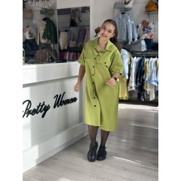 Rochie verde fistic cu buzunare si nasturi