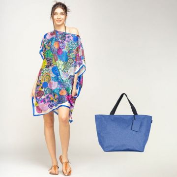 Set rochie tip poncho din matase si geanta mare de vara, in nuante de albastru