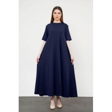 Rochie A-line, ampla, lunga, din jerseu de bumbac, bleumarin