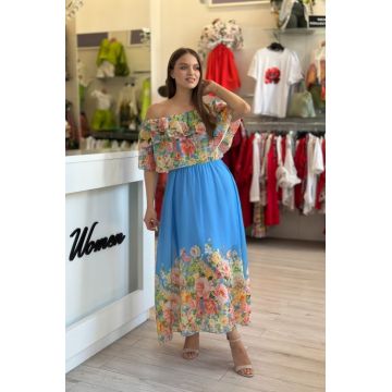 Rochie albastra din voal cu imprimeu flori multicolore