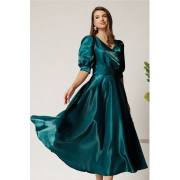 Rochie Belle midi verde din organza in clos cu decolteu petrecut