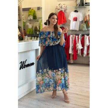 Rochie bleumarin din voal cu imprimeu flori multicolore