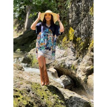 Rochie bleumarin scurta din vascoza imprimeu oras