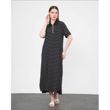 Rochie camasa cu fermoar din jerseu de vascoza, neagra cu dungi albe
