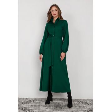 Rochie-camasa lunga cu cordon in talie si nasturi -