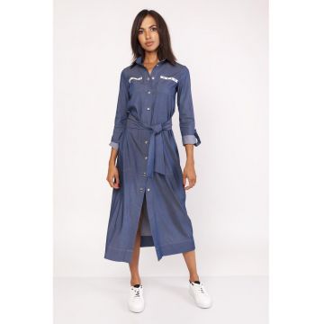 Rochie-camasa lunga cu prindere in talie si aspect de denim -