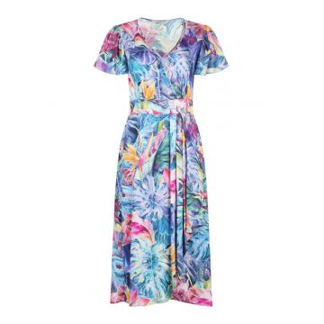 Rochie cu decolteu cache-coeur si imprimeu tropical - L
