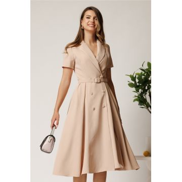 Rochie DY Fashion din stofa bej cu nasturi si curea in talie