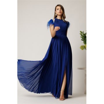 Rochie DY Fashion lunga albastra din tull fin cu pene la umeri