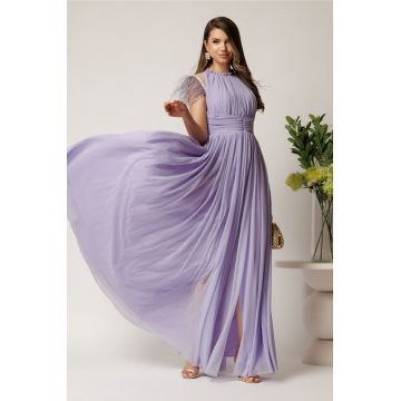 Rochie DY Fashion lunga lila din tull fin cu pene la umeri