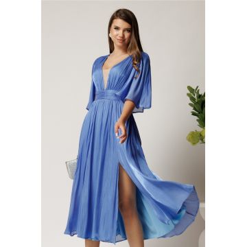 Rochie DY Fashion midi albastra din voal in clos cu tull la decolteu si crapatura pe picior
