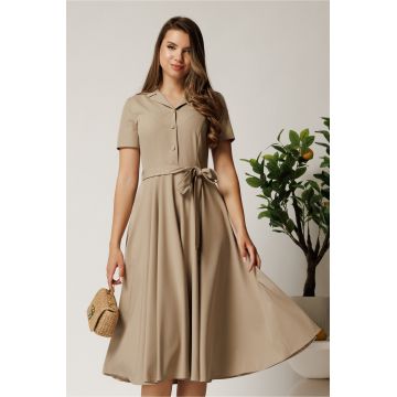 Rochie DY Fashion midi bej din stofa subtire cu cordon si buzunare