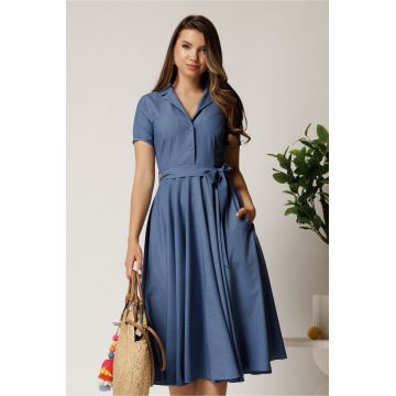 Rochie DY Fashion midi bleumarin din stofa subtire cu cordon si buzunare
