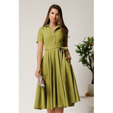Rochie DY Fashion midi verde lime din stofa subtire cu cordon si buzunare