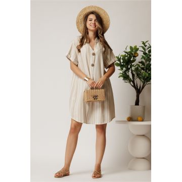 Rochie ivory cu dungi bej din material fluid cu adaos de bumbac si in
