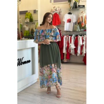 Rochie kaki din voal cu imprimeu flori multicolore