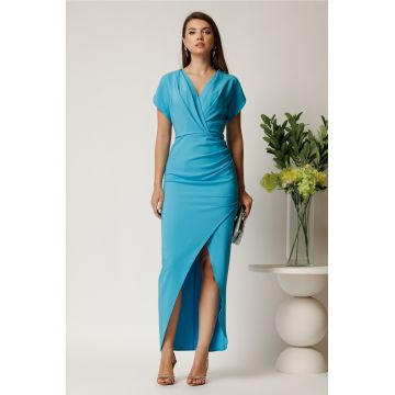 Rochie lunga bleu din stofa cu fronseu si crapatura pe fusta