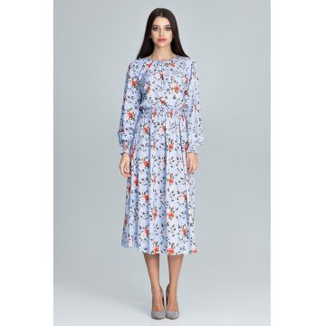 Rochie  M600 - florala - albastru - midi - maneci lungi - poliester 95% - elastan 5%