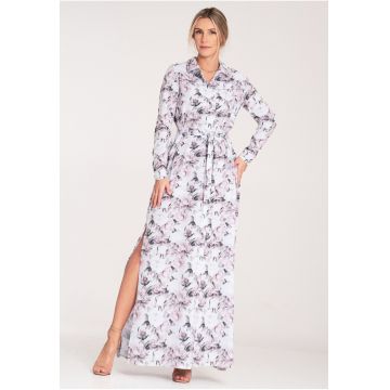 Rochie maxi  cu nasturi - florala - alb-roz - poliester-elastan