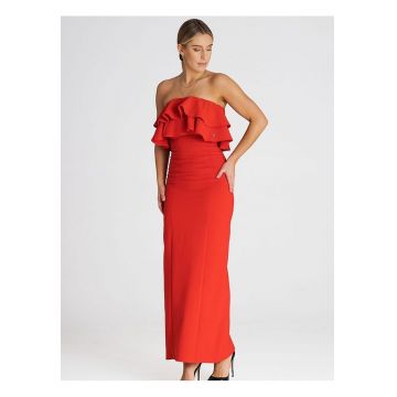 Rochie maxi  eleganta - volane duble - rosu - elastan - poliester - viscoza