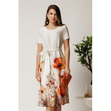 Rochie midi alba din satin cu imprimeu floral la baza si cordon in talie