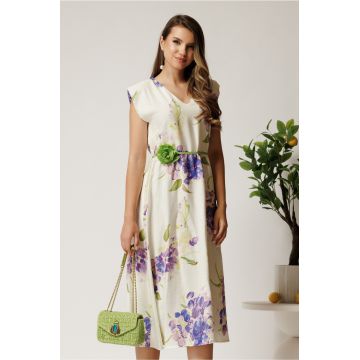 Rochie midi alba din viscoza cu imprimeuri mov in clos cu floare in talie